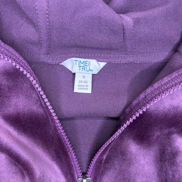 Time & Tru Velour Full Zip Hooded Sweater Women Sz Small (4-6) Purple Glam Comfy - Picture 2 of 8